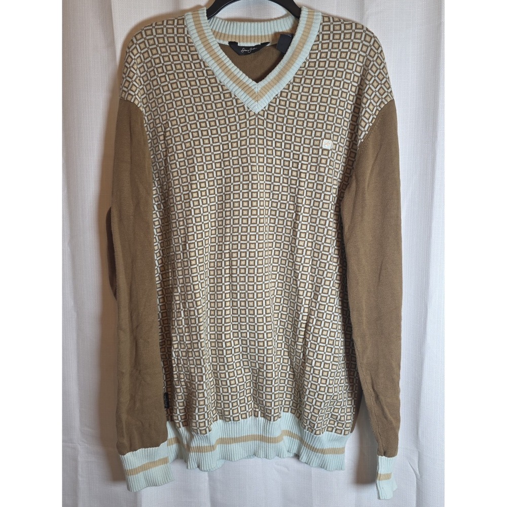 Sean John V-Neck Sweater Mens XXXL Brown Geometric Pattern‎ Cotton Knit